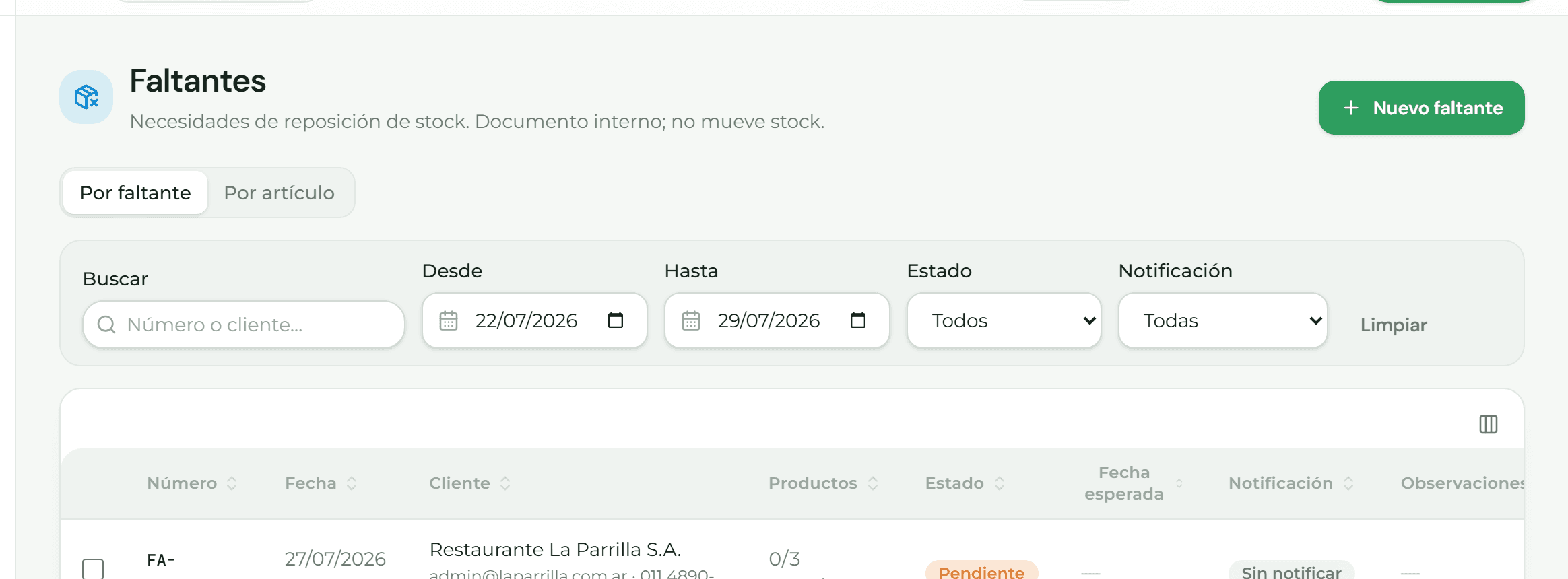 Listado de faltantes con su estado por venta