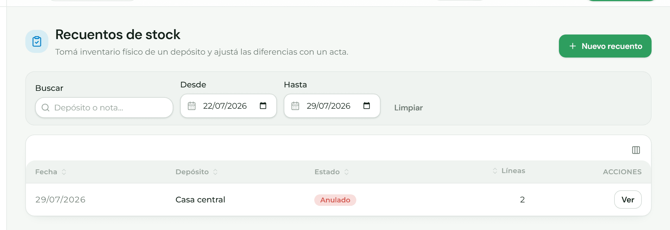 Listado de recuentos con su depósito, estado y cantidad de líneas