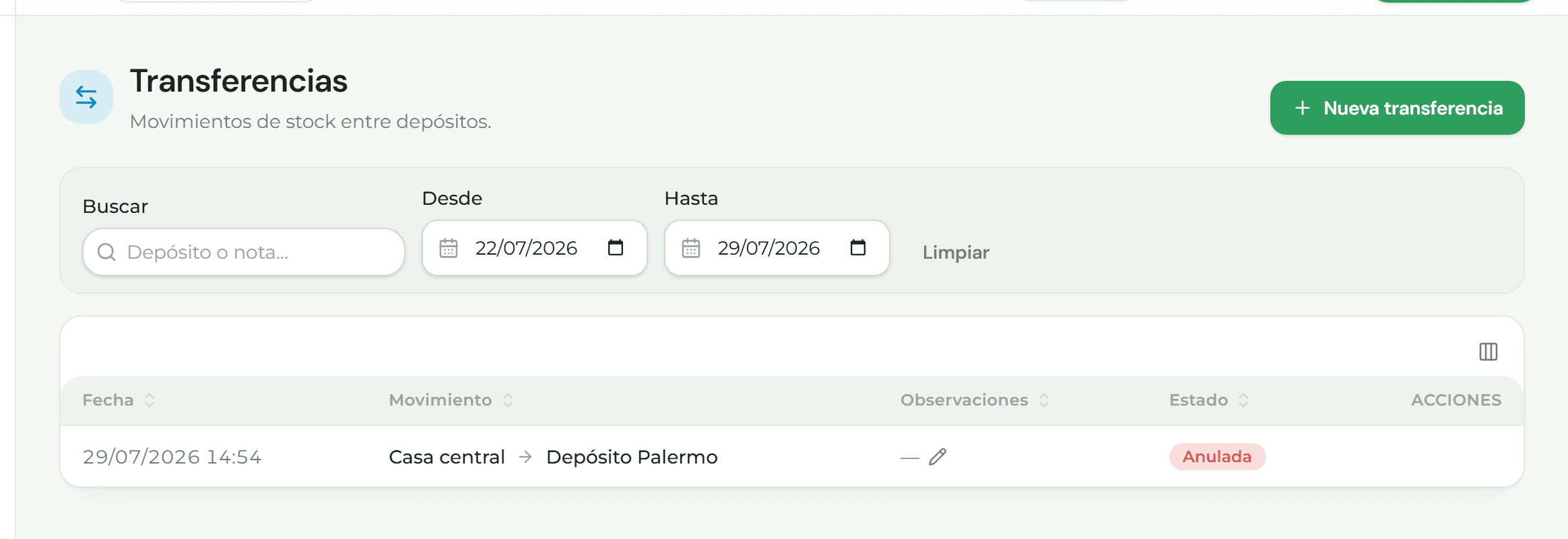 Listado de transferencias con su origen, destino y estado