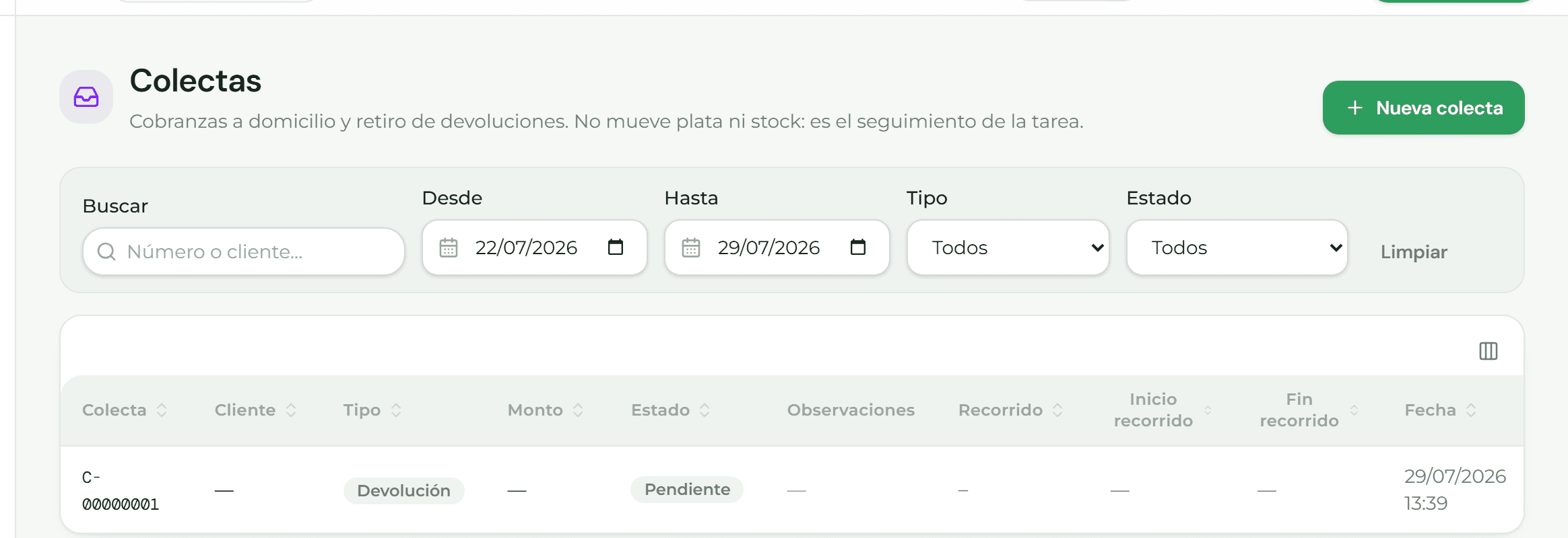 Listado de colectas con su tipo y estado