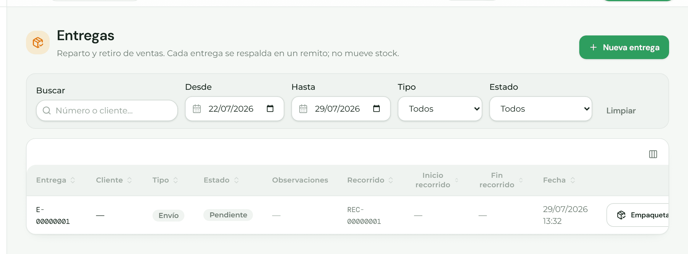 Listado de entregas pendientes con su tipo y estado