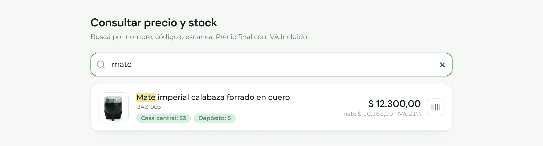 Pantalla de consulta con un producto buscado, su precio final y el stock por depósito