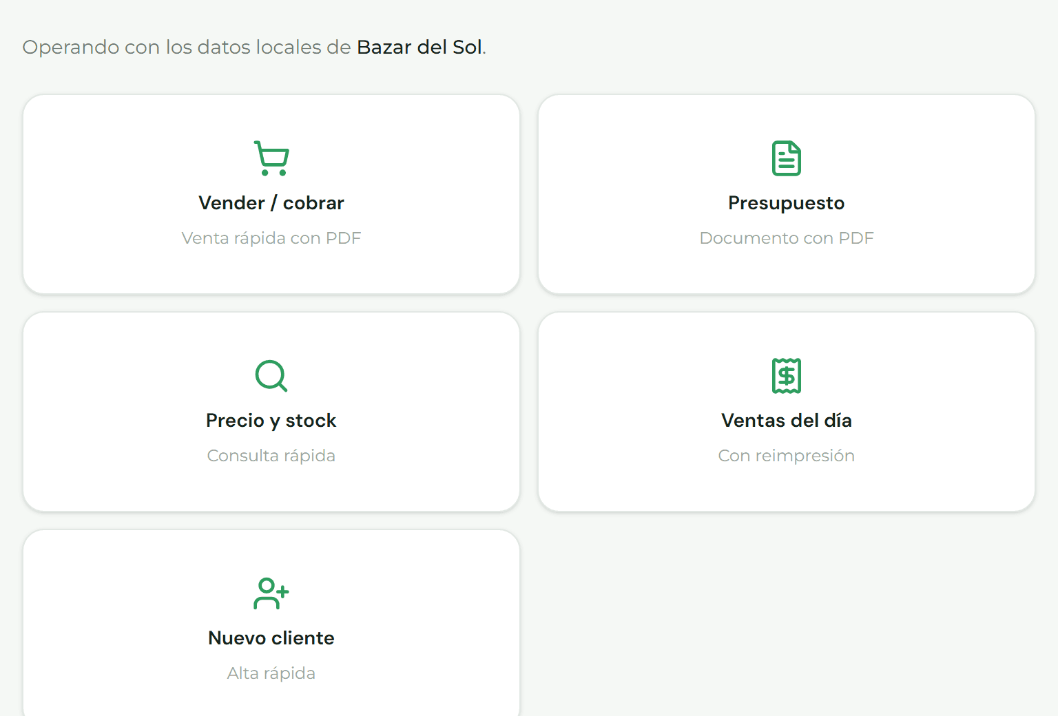 Pantalla del modo mostrador, la versión reducida para trabajar sin conexión