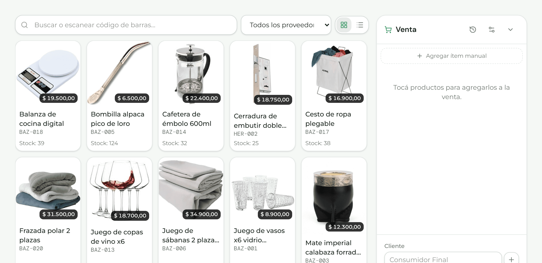 Punto de venta con el catálogo de productos a la izquierda y el panel de la venta a la derecha