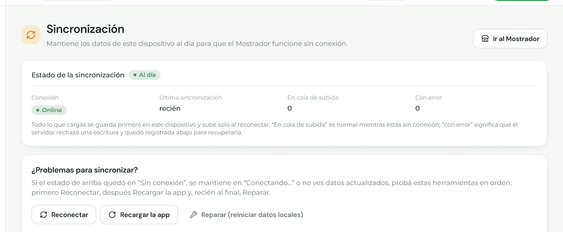 Pantalla Sincronización con el estado al día, la conexión, la última sincronización y las herramientas para resolver problemas