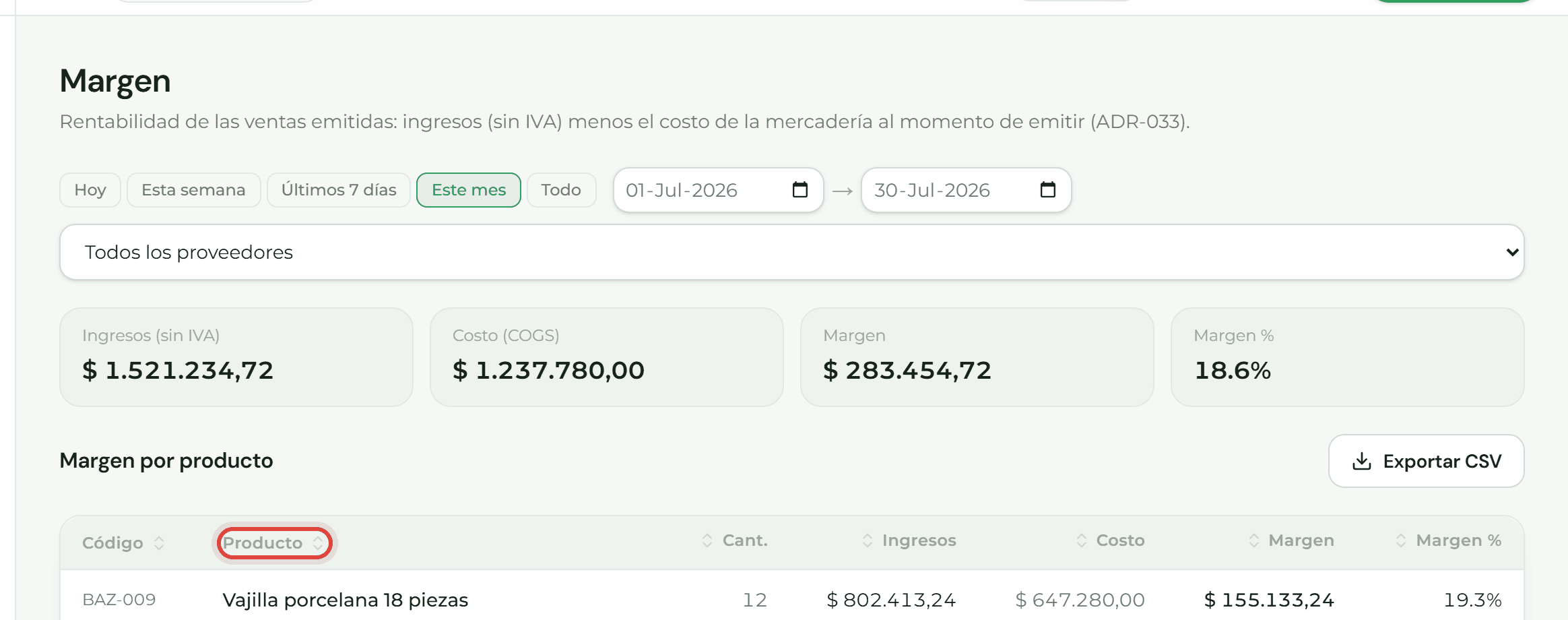 Reporte de Margen con el filtro por proveedor y las columnas ordenables, con "Producto" resaltado