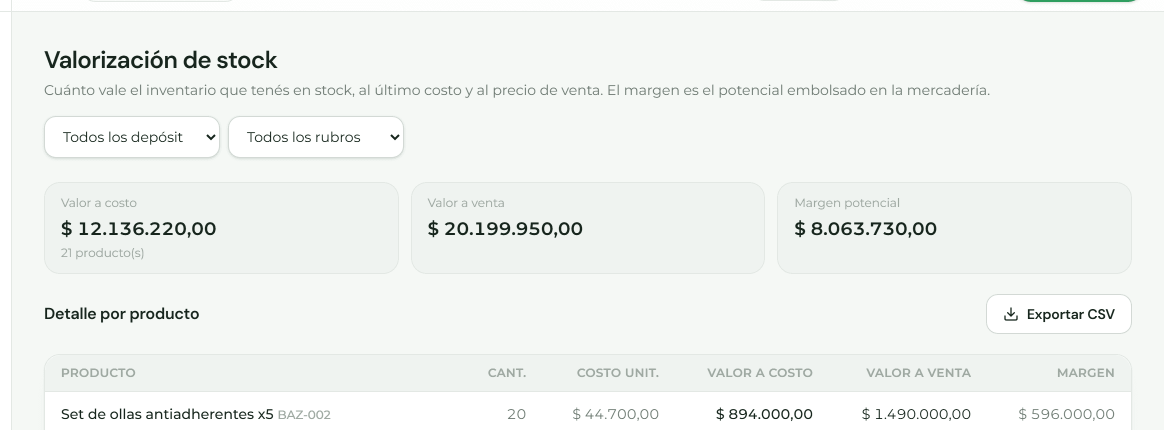 Reporte de valorización de stock a costo y a precio de venta
