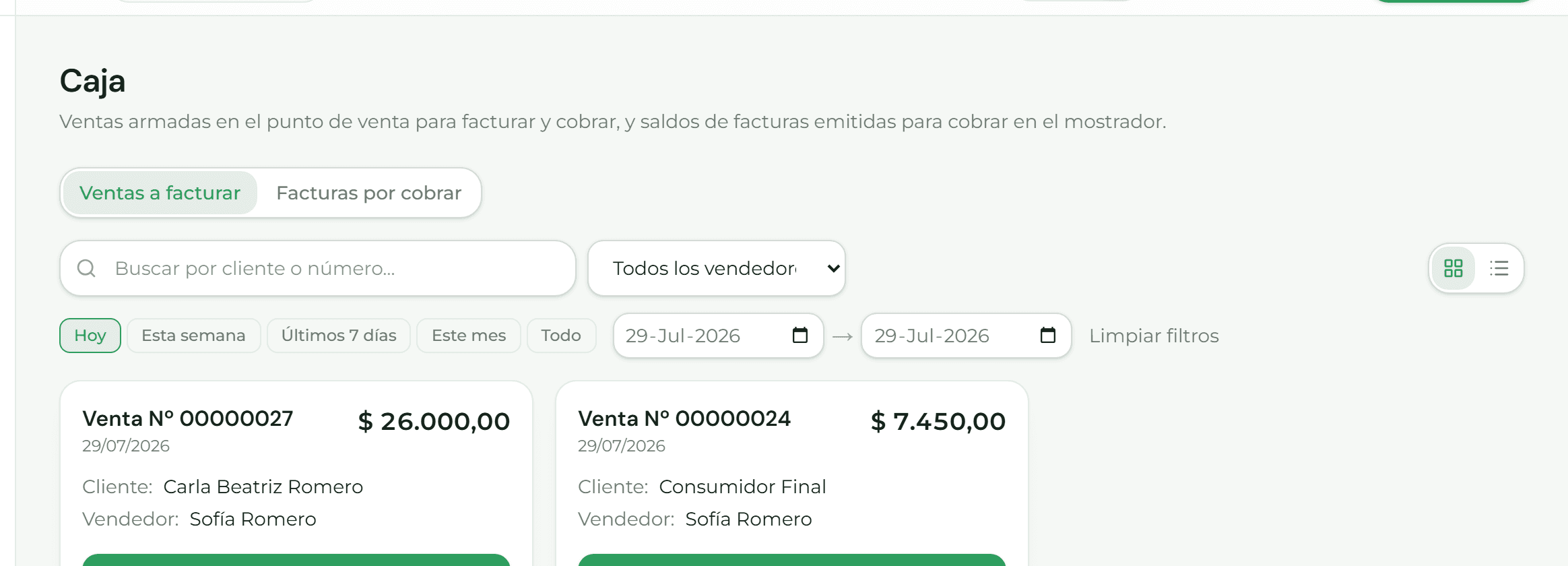 Pantalla de caja con las solapas de ventas a facturar y facturas por cobrar