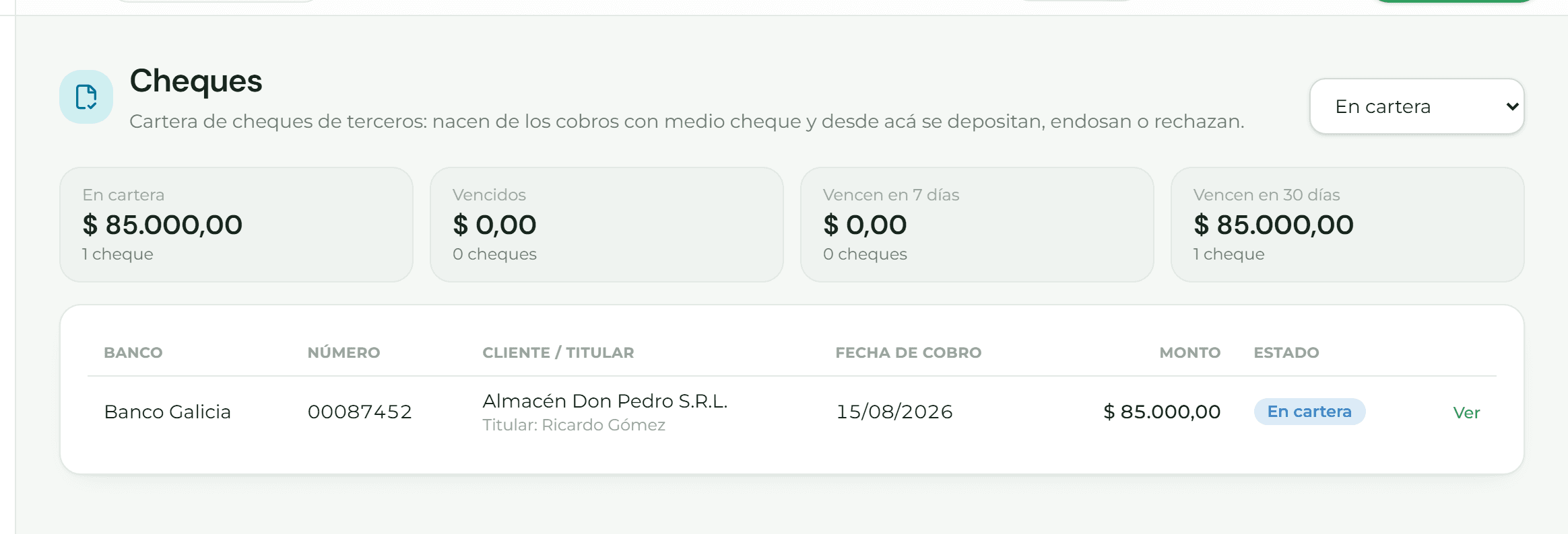 Cartera de cheques con el estado y la fecha de cobro de cada uno
