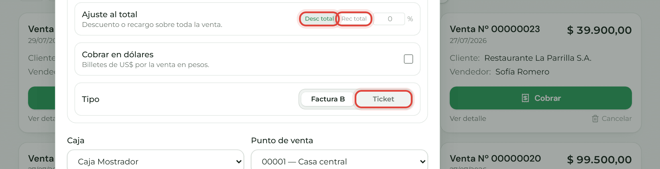 Panel de Ajustes del cobro rápido con el ajuste al total (Desc/Rec) y el tipo Factura / Ticket