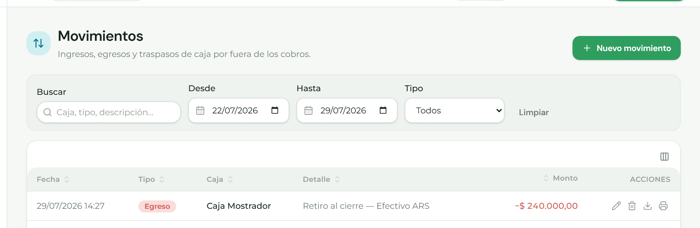 Listado de movimientos de caja con sus filtros