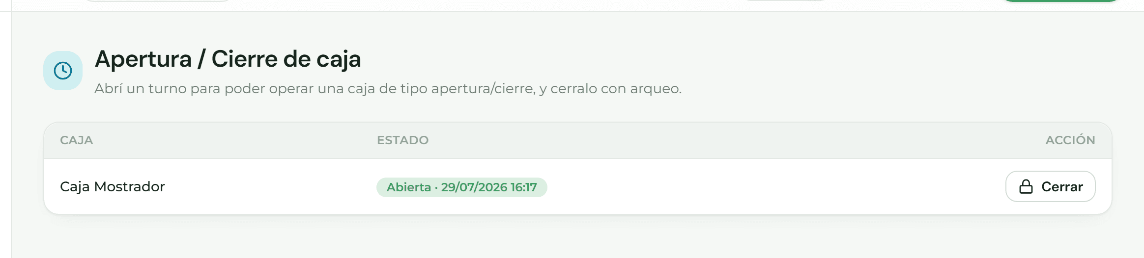 Pantalla de apertura y cierre con el estado de cada caja