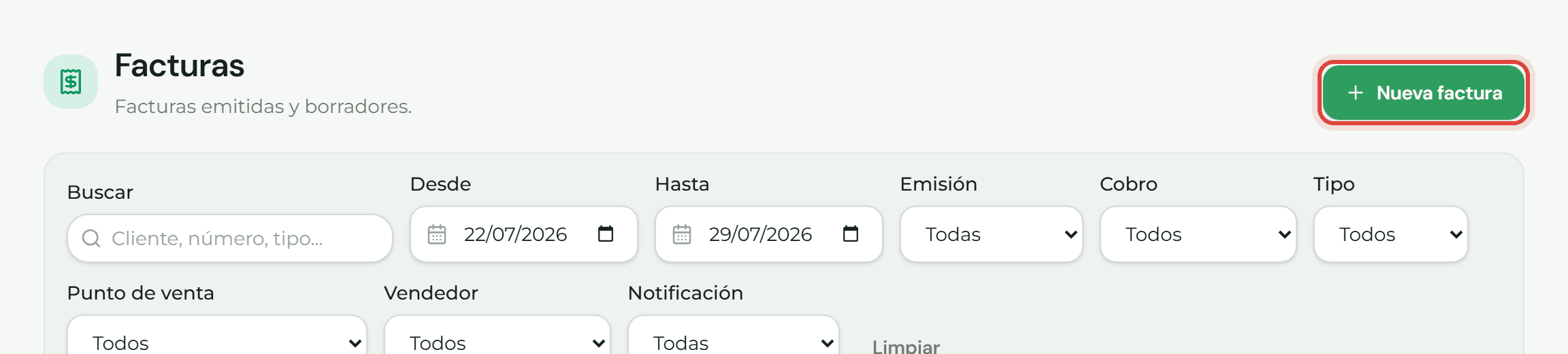 Encabezado de la pantalla Facturas con el botón Nueva factura señalado arriba a la derecha