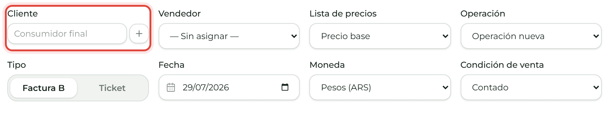 Campo Cliente vacío del formulario de factura, con Consumidor final como texto de ayuda