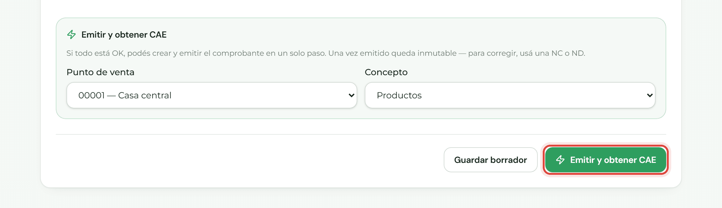 Pie del formulario con los campos Punto de venta y Concepto y el botón Emitir y obtener CAE señalado