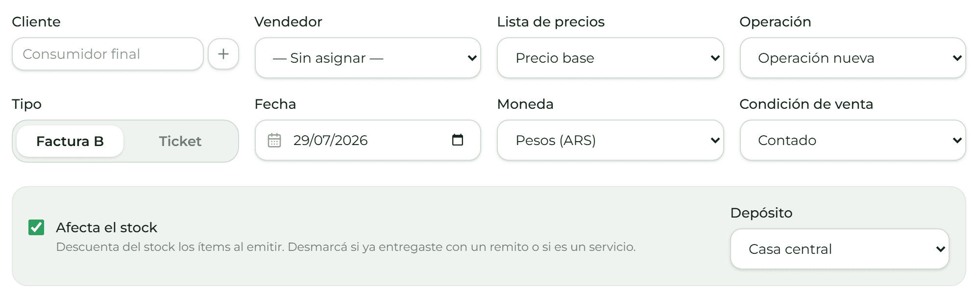 Encabezado del formulario de factura: Cliente, Vendedor, Lista de precios, Operación, Tipo, Fecha, Moneda y Condición de venta