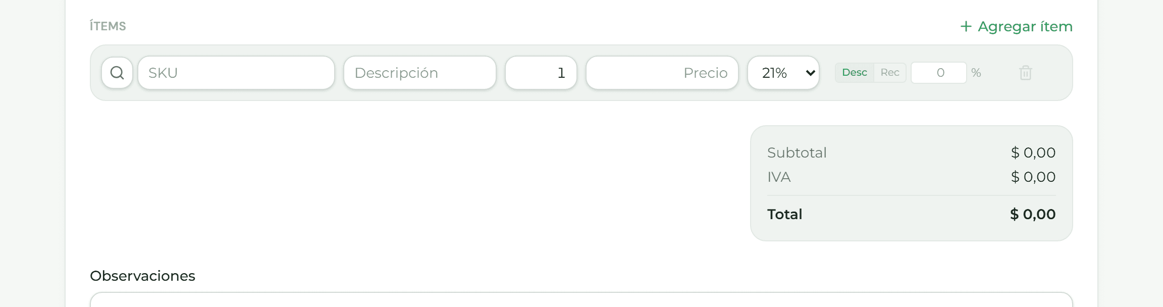 Sección Ítems del formulario con las columnas de producto, cantidad, precio, IVA y descuento