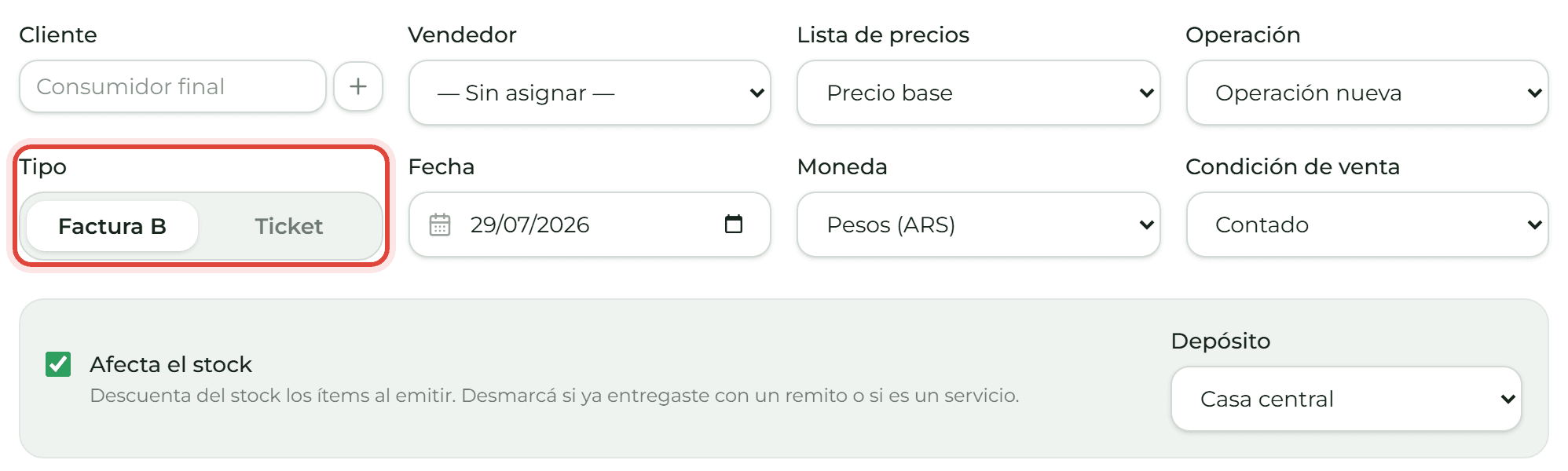 Campo Tipo del formulario de factura mostrando la letra calculada, con el interruptor Ticket al lado