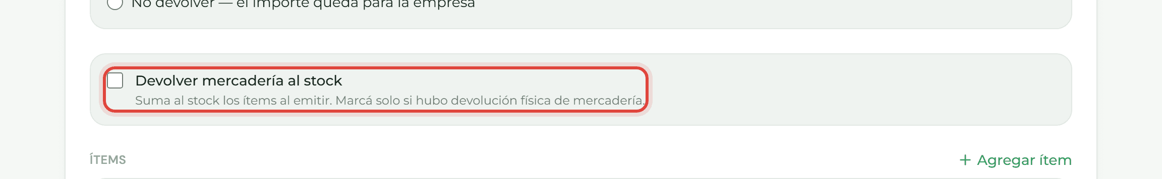 Casilla "Devolver mercadería al stock" en el formulario de la nota de crédito