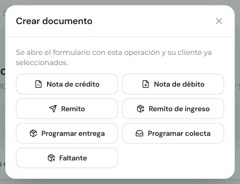 Ventana "Crear documento" con las opciones de nota de crédito, nota de débito, remito, remito de ingreso, entrega, colecta y faltante