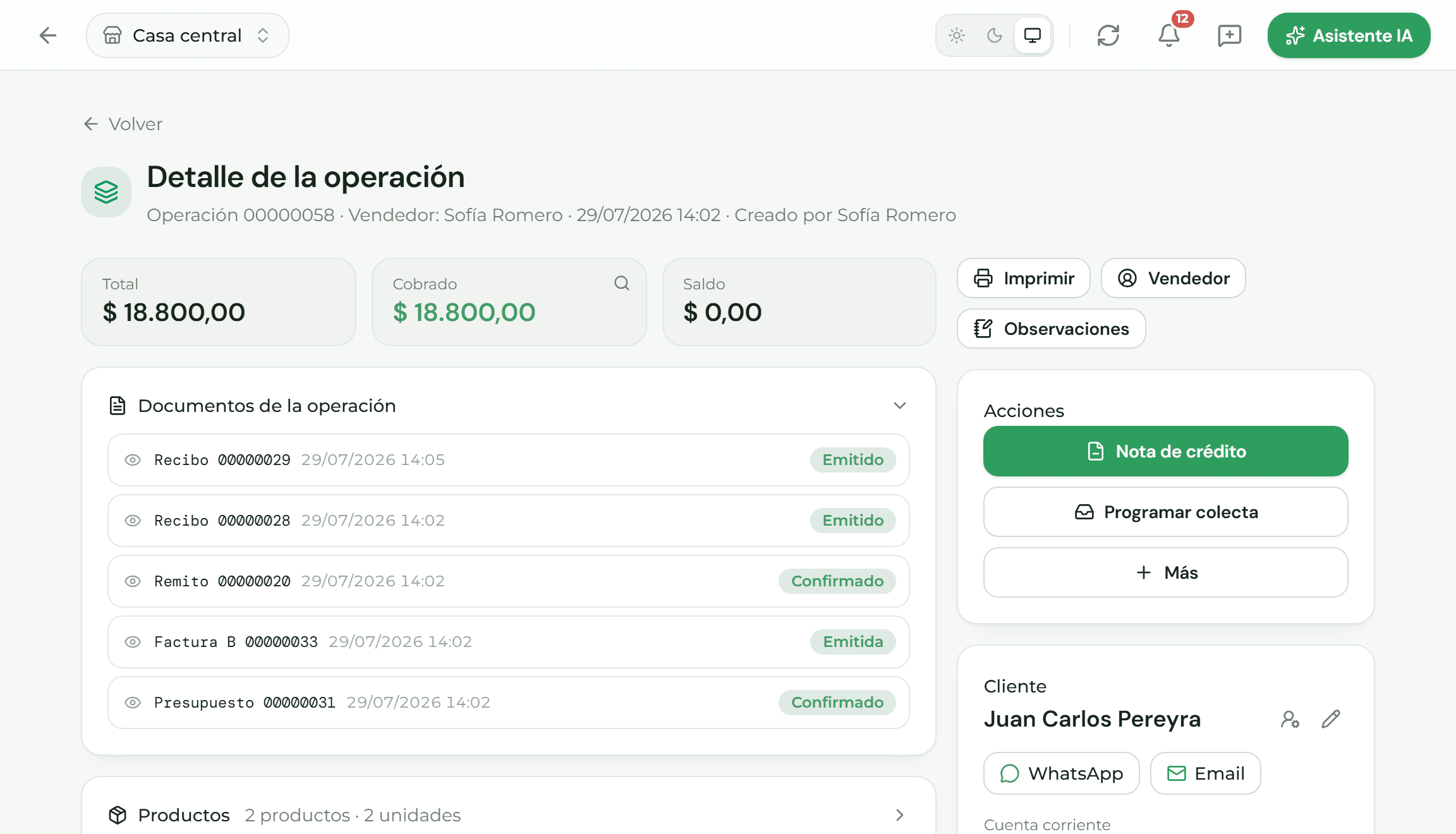 Detalle de una operación con el total, lo cobrado y el saldo, y la lista de documentos: recibos, remito, factura y presupuesto