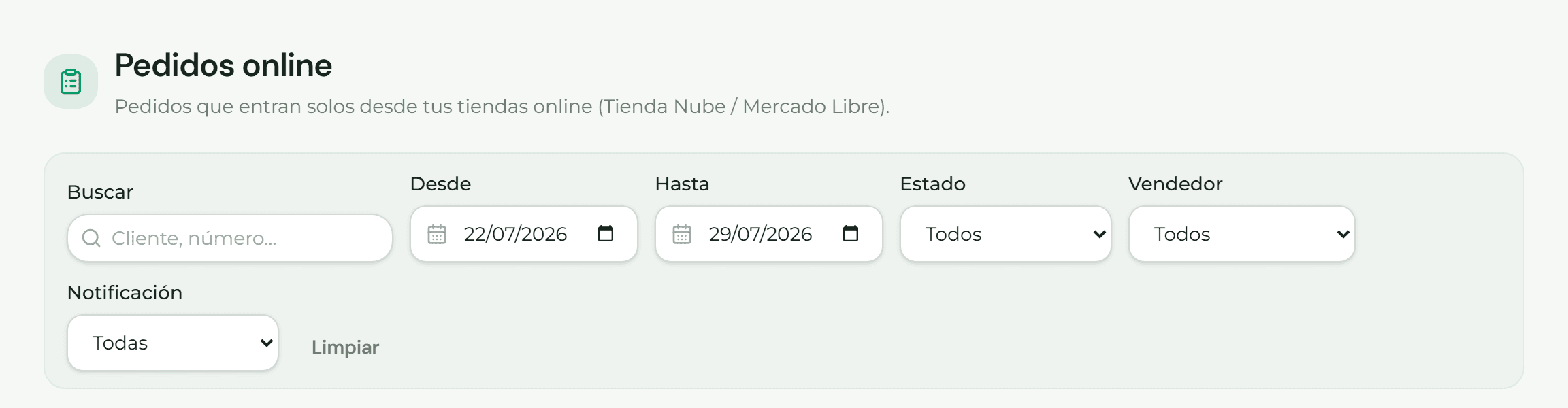 Pantalla Pedidos online con sus filtros de búsqueda por fecha, estado y vendedor