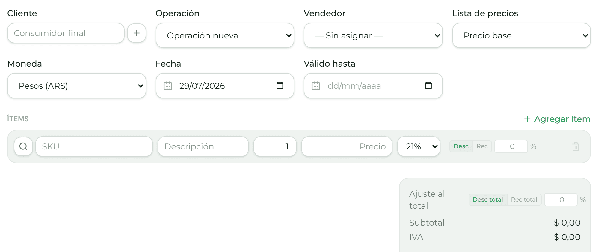 Formulario de presupuesto con los campos de cliente, lista de precios, fecha y validez