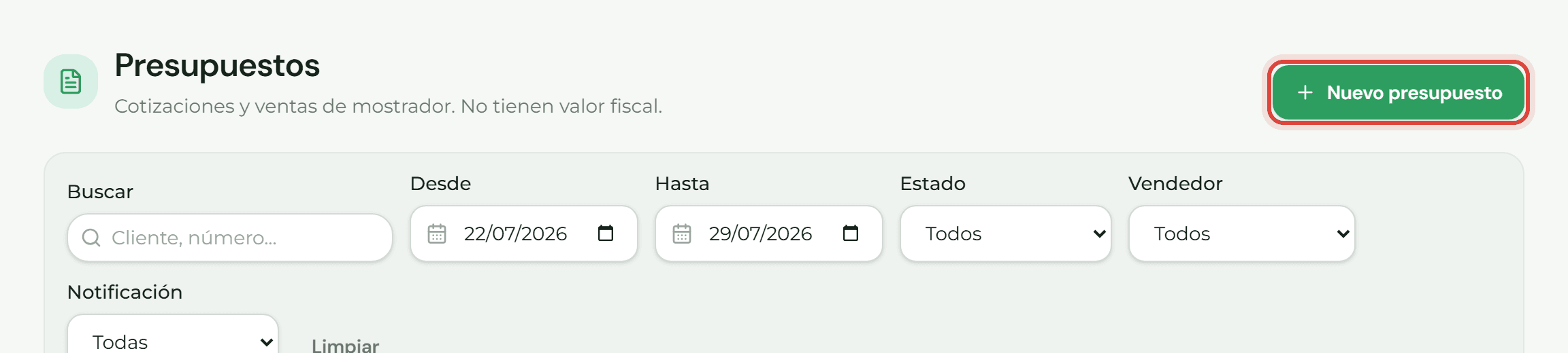 Encabezado de la pantalla Presupuestos con el botón de alta señalado