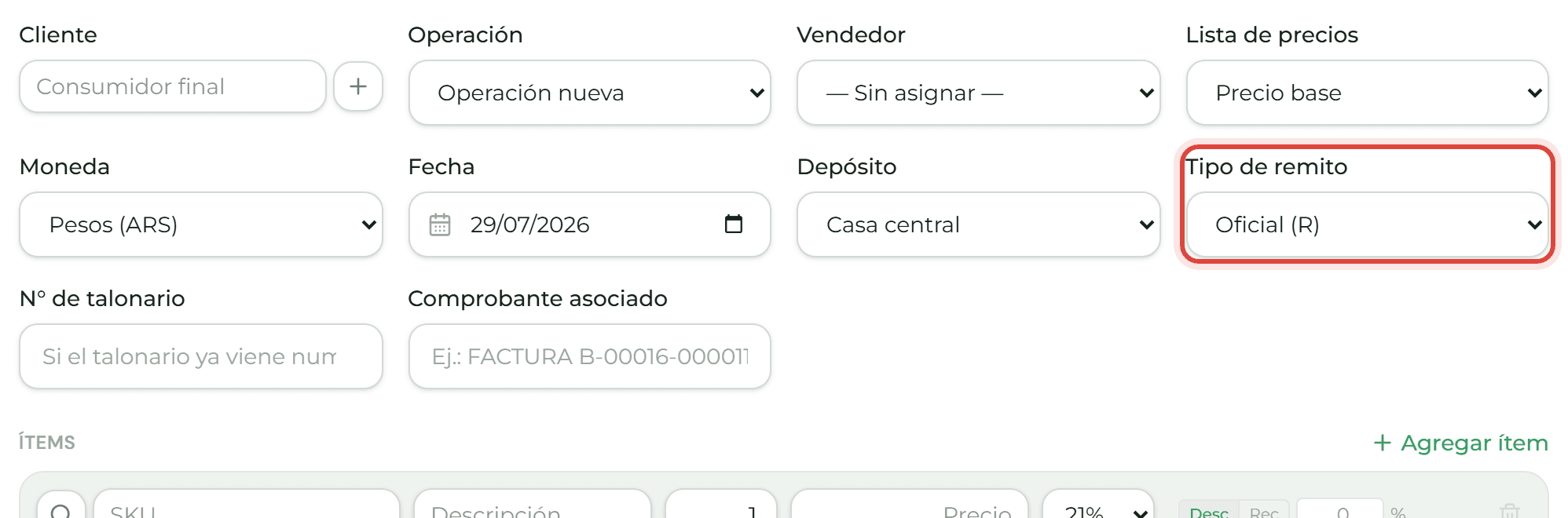 Campo Tipo de remito del formulario, con las opciones Oficial (R) y Uso interno