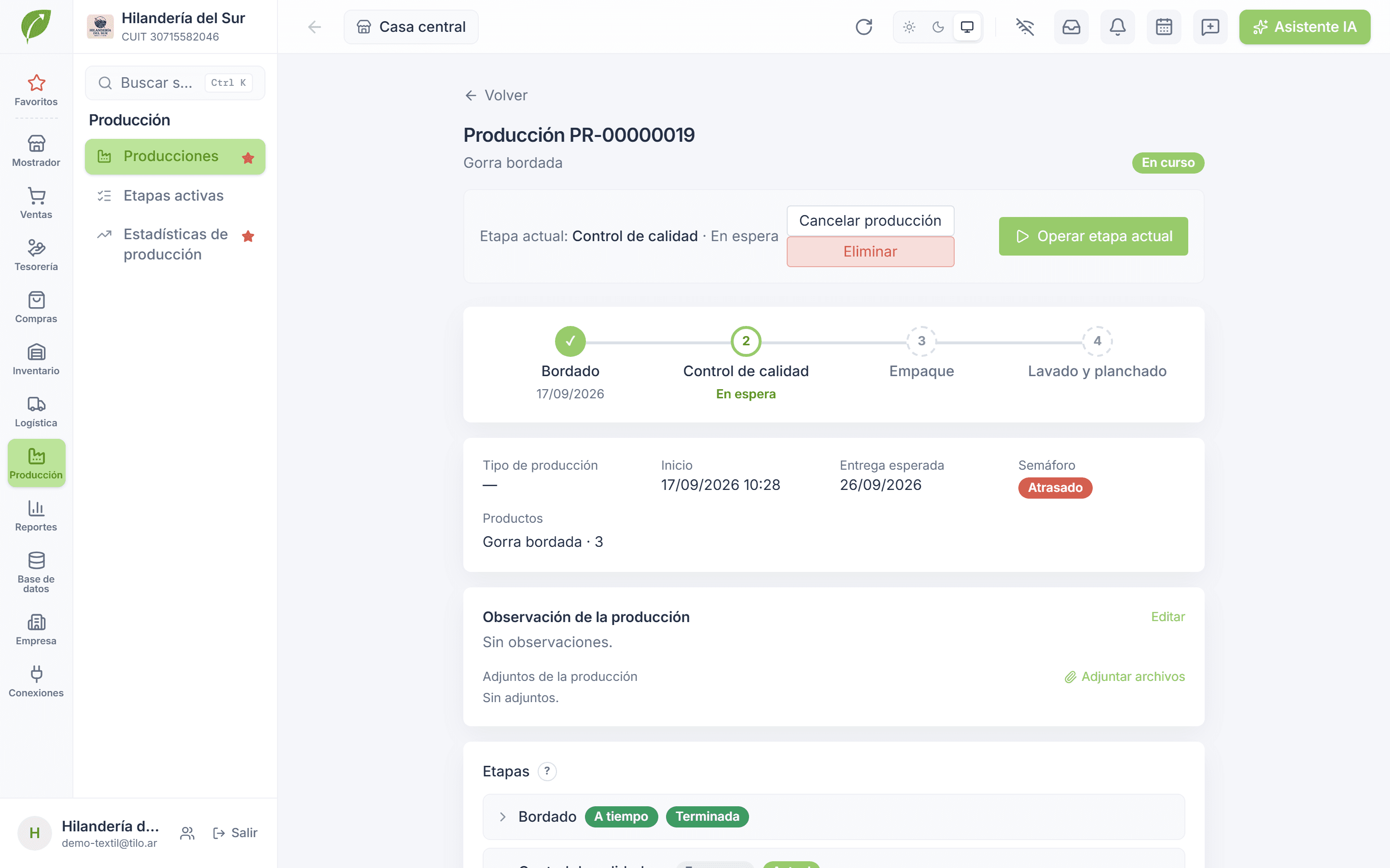 Detalle de una producción con sus etapas, la etapa actual y la fecha de entrega esperada