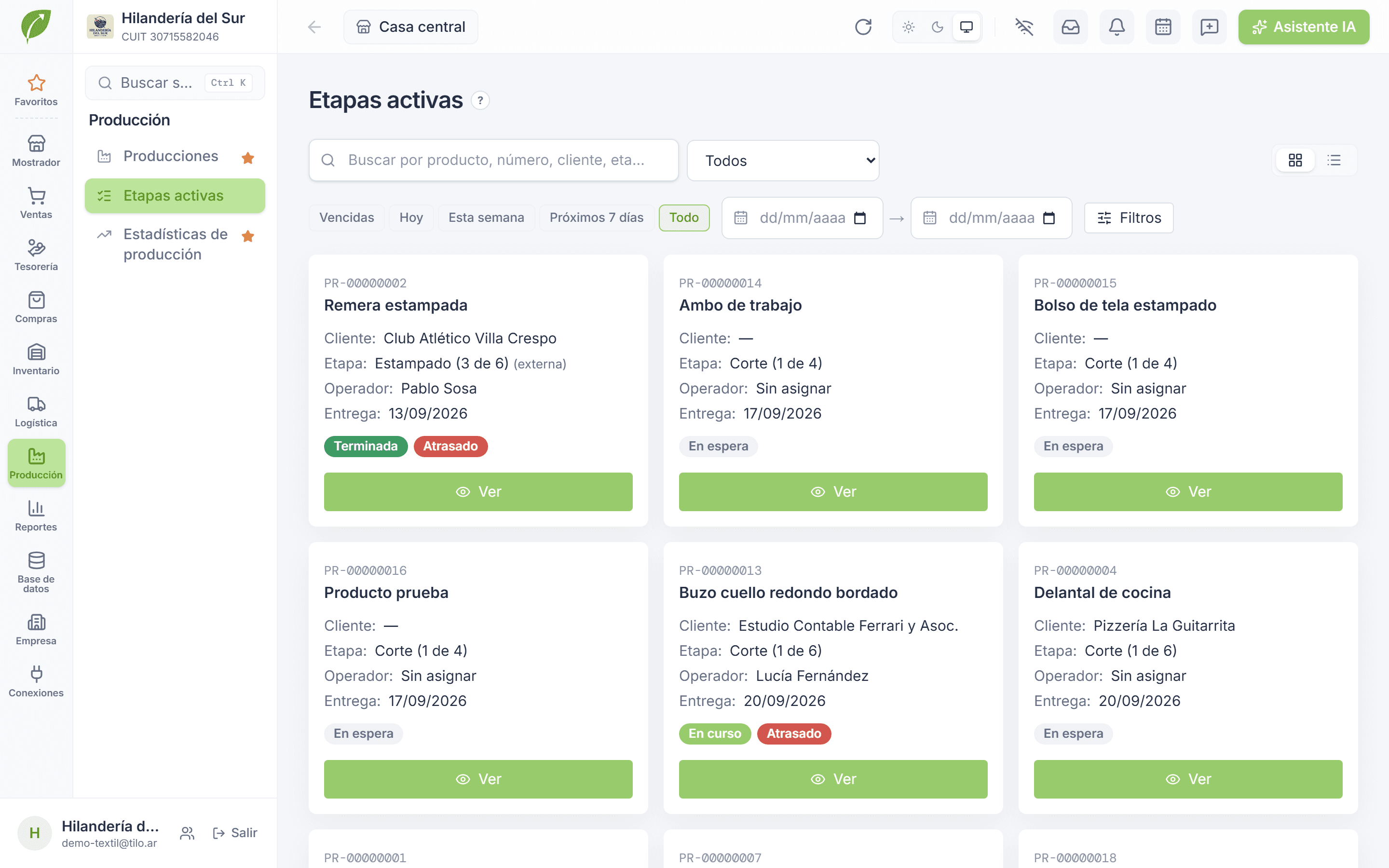 Etapas activas del equipo: cada tarjeta con la producción, la etapa, el operador, la entrega y su estado