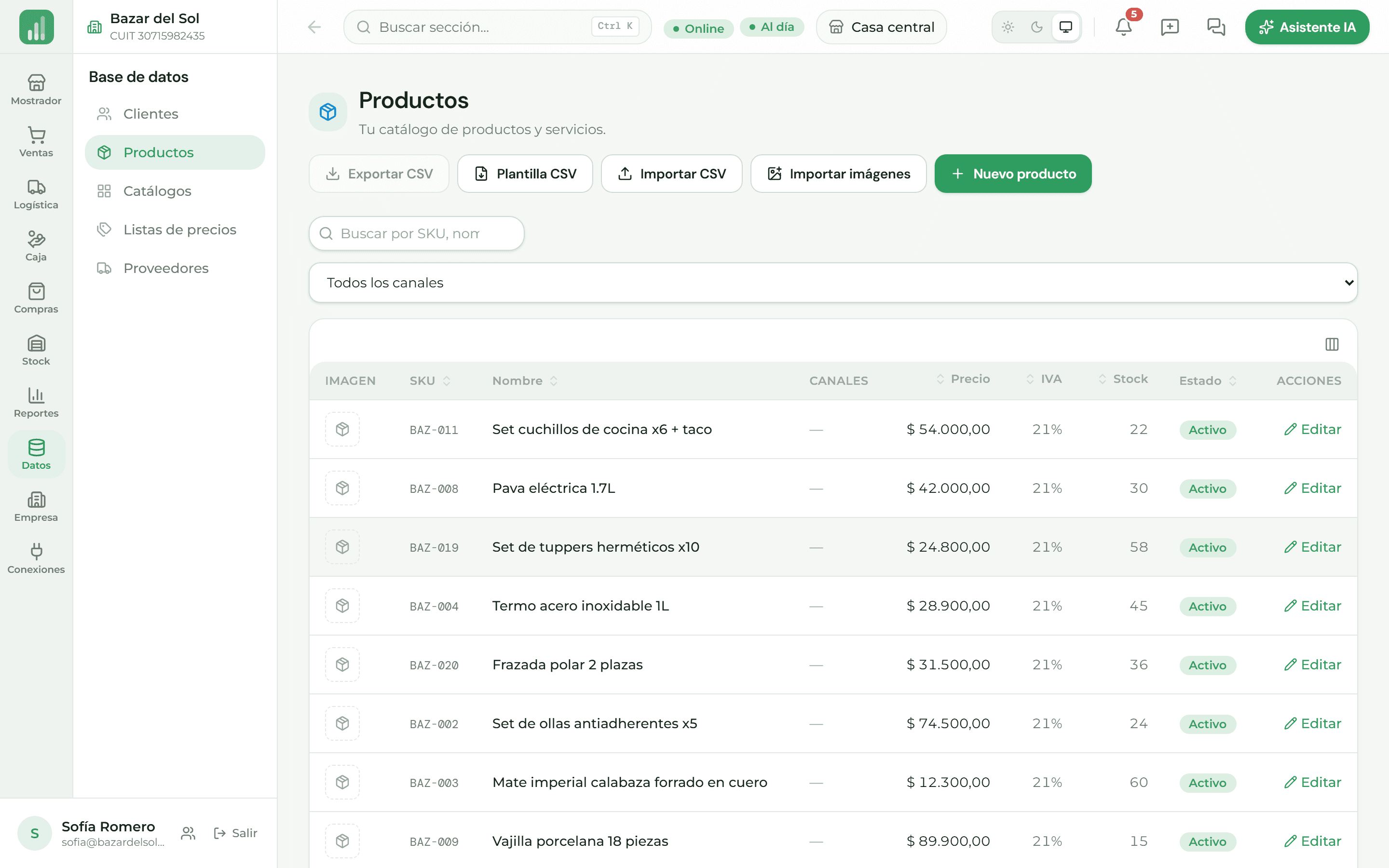Listado de productos con foto, código, precio y stock