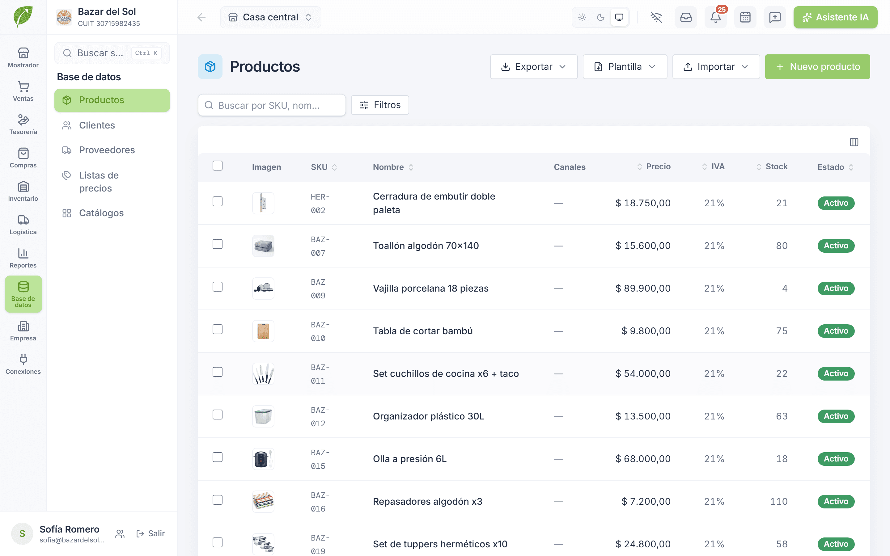Listado de productos con stock por depósito y precios por lista