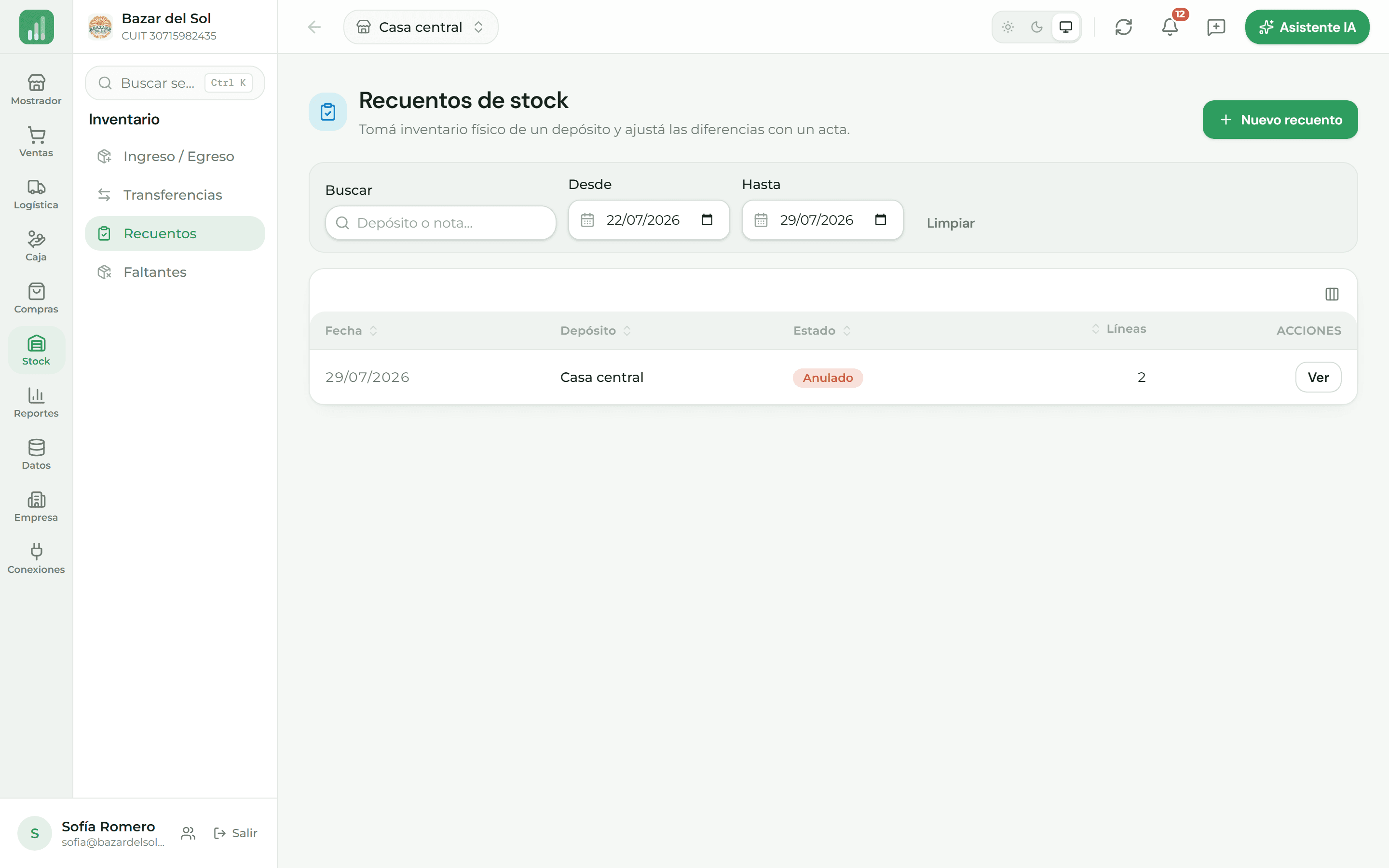 Recuento de inventario con las diferencias detectadas por producto
