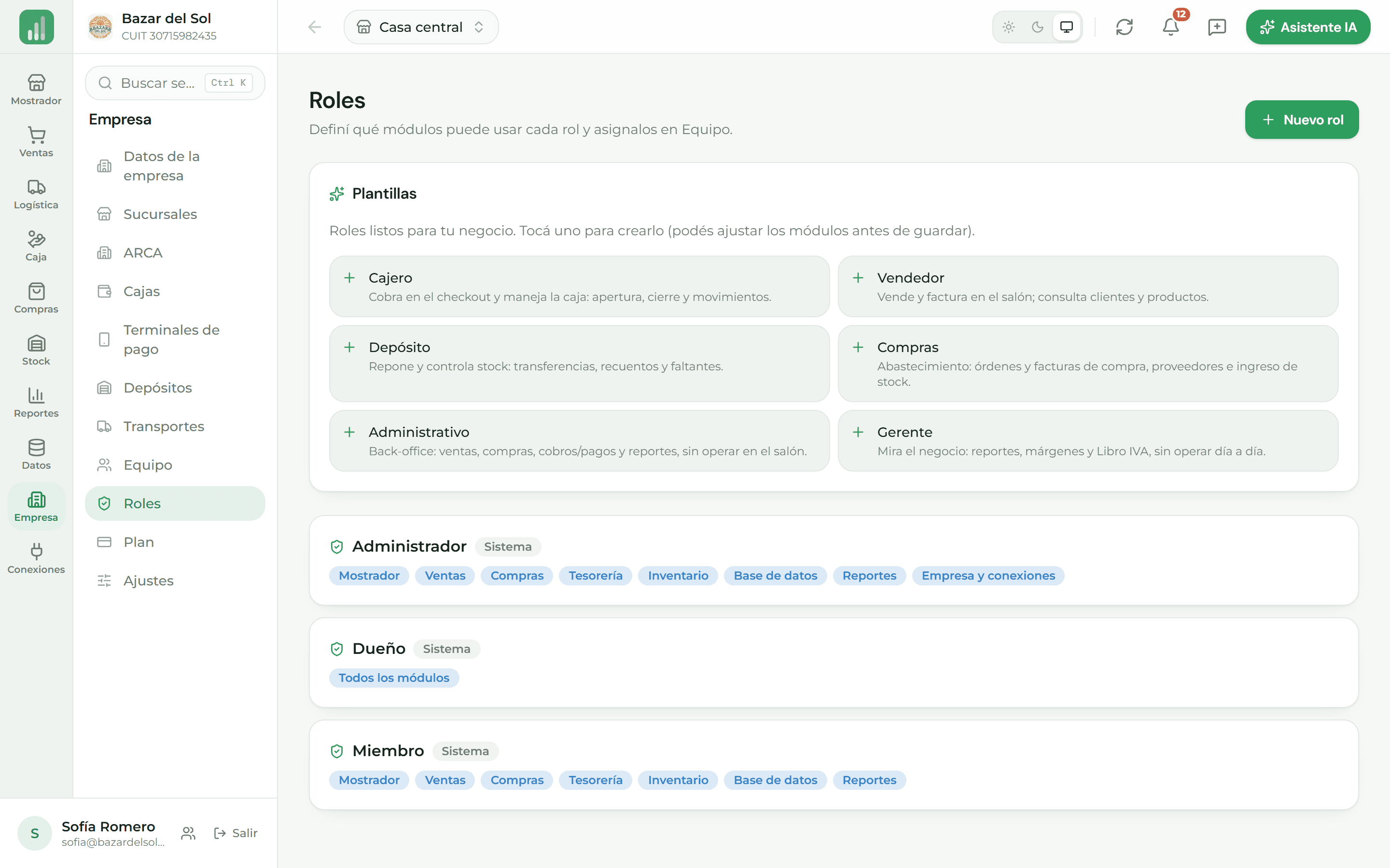 Configuración de roles con los permisos por módulo