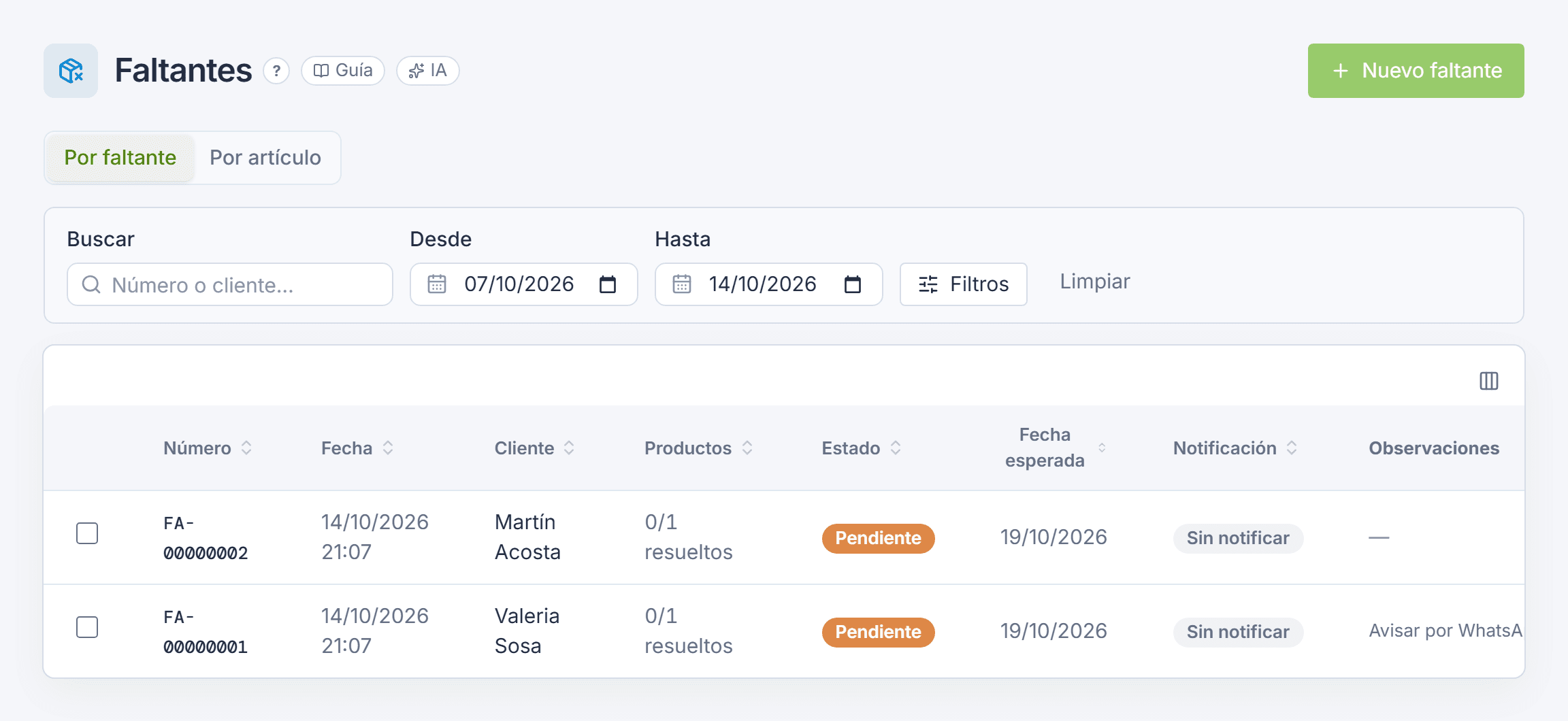 Faltantes en Tilo: encargos de dos clientes pendientes, con la fecha esperada y el estado del aviso