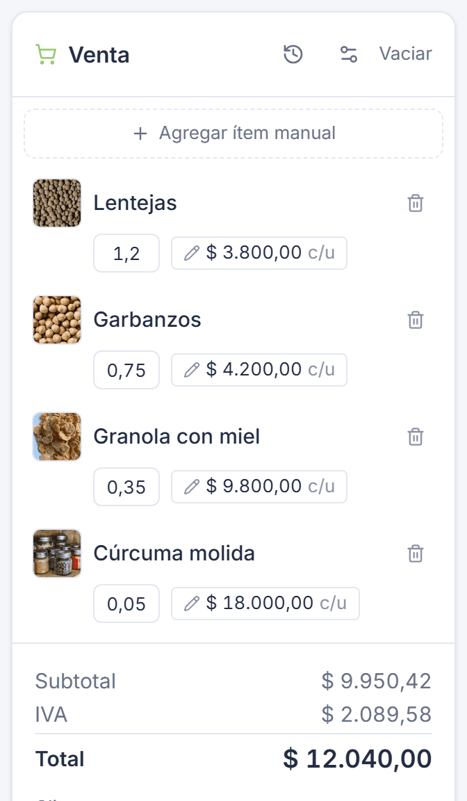 Venta en el punto de venta de Tilo con 1,2 kg de lentejas, 0,75 kg de garbanzos, 0,35 kg de granola y 0,05 kg de cúrcuma