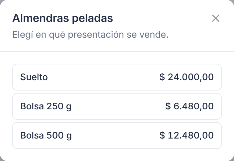 Selector de presentación de las almendras peladas en Tilo: suelto, bolsa de 250 g y bolsa de 500 g, cada una con su precio