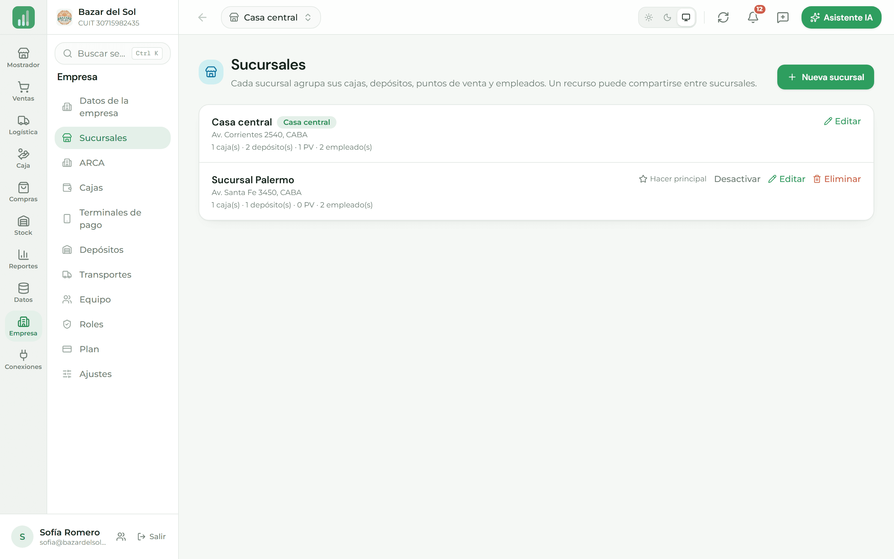 Configuración de sucursales con sus cajas y depósitos asignados