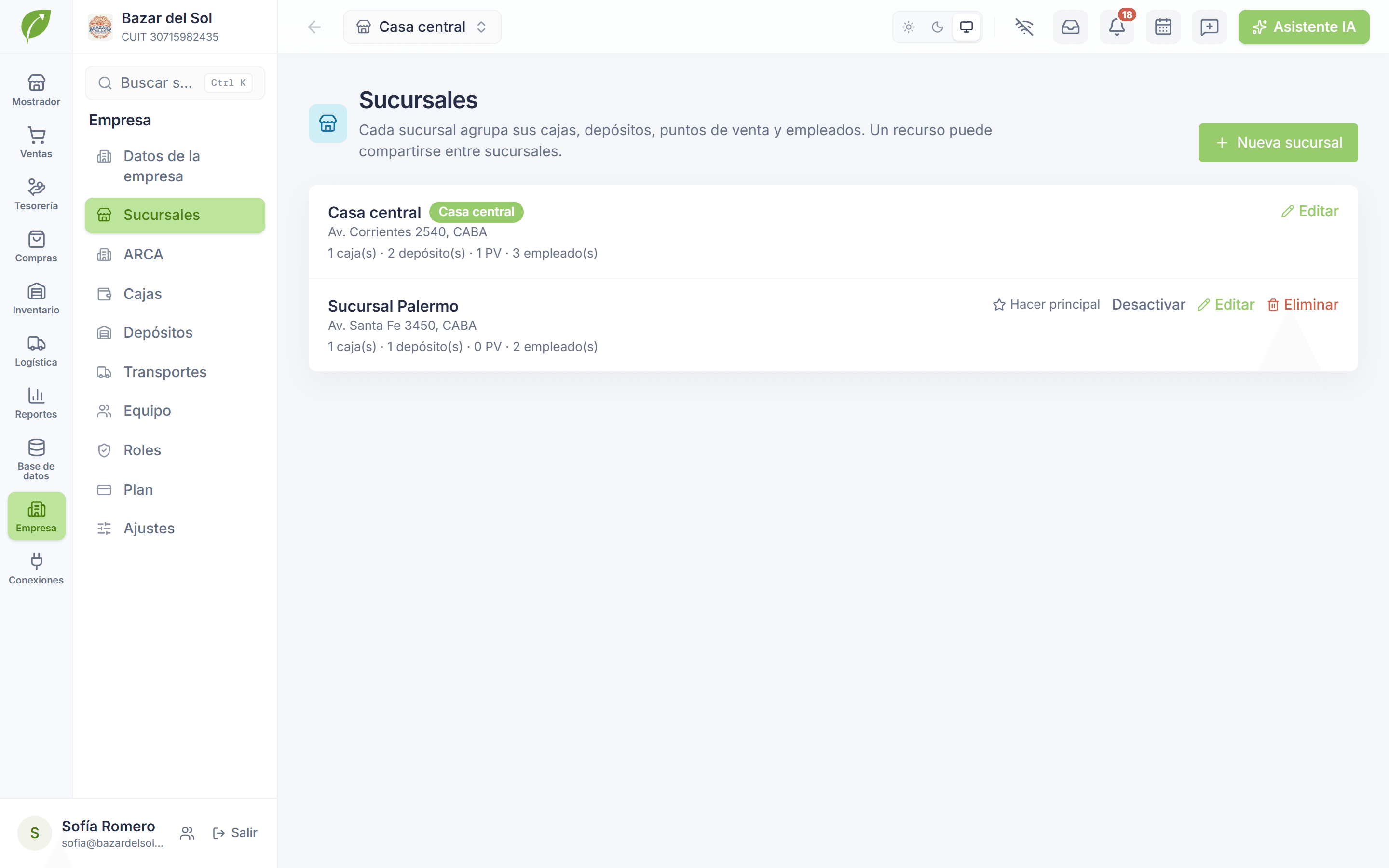 Pantalla de sucursales con la Casa central y una segunda sucursal, cada una con su dirección y su cantidad de cajas, depósitos, puntos de venta y empleados