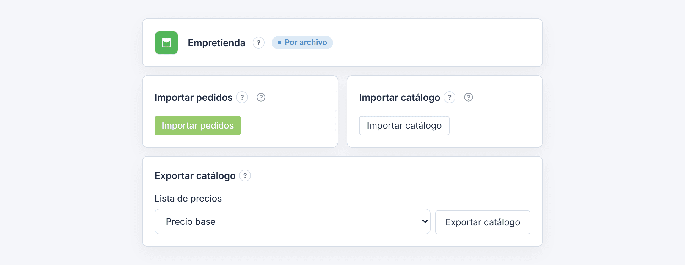 Pantalla de Empretienda en Tilo: importar pedidos y exportar el catálogo