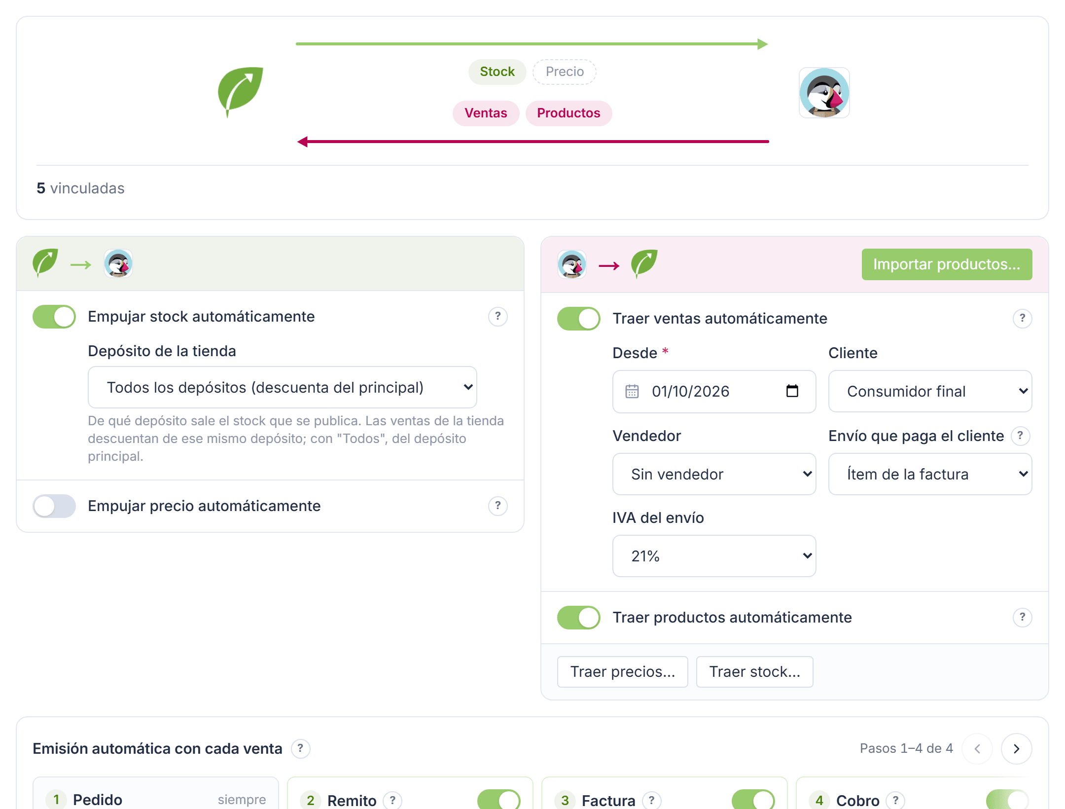 Panel de PrestaShop en Tilo: qué viaja en cada sentido, sus ajustes y la emisión automática