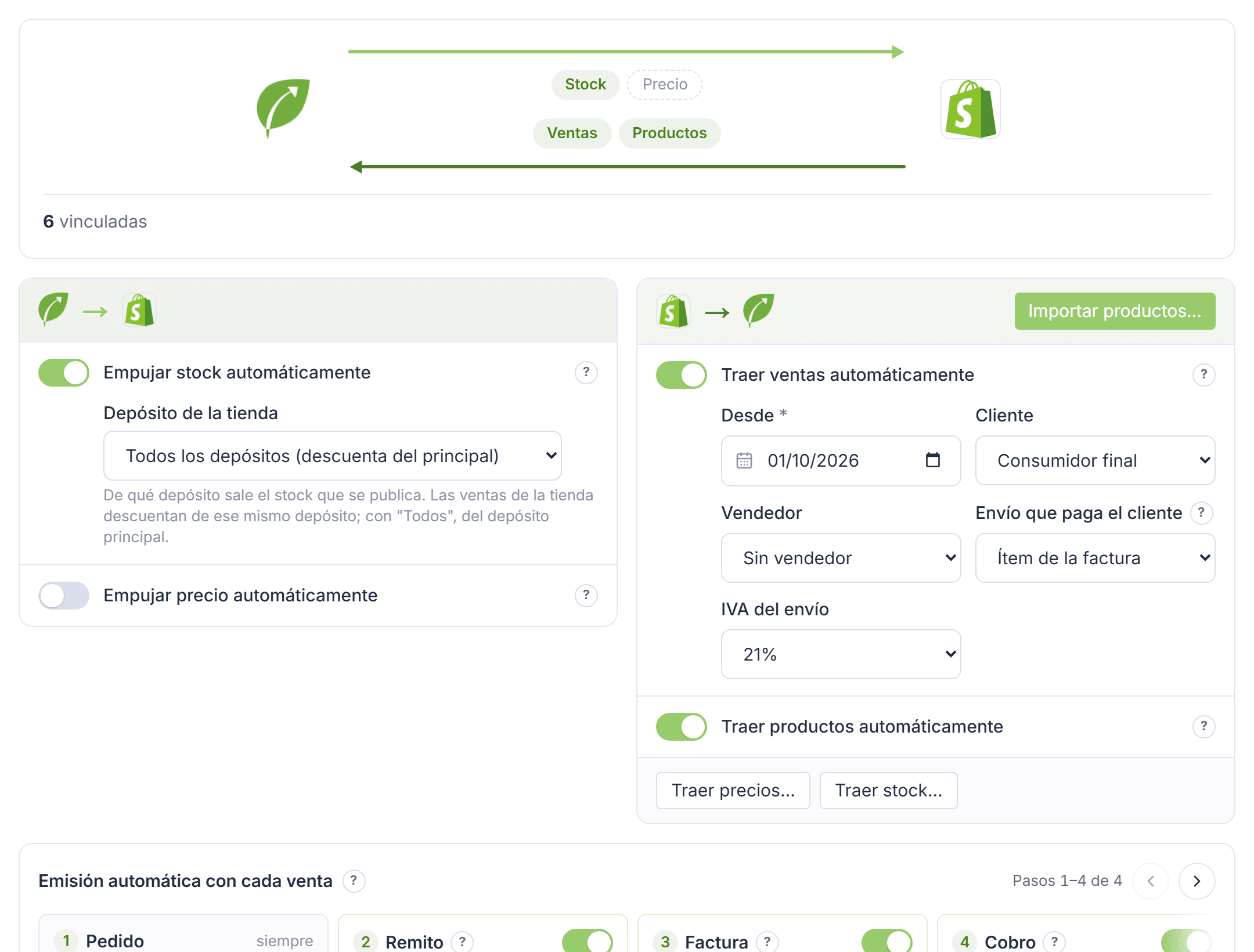 Panel de Shopify en Tilo: qué viaja en cada sentido, sus ajustes y la emisión automática