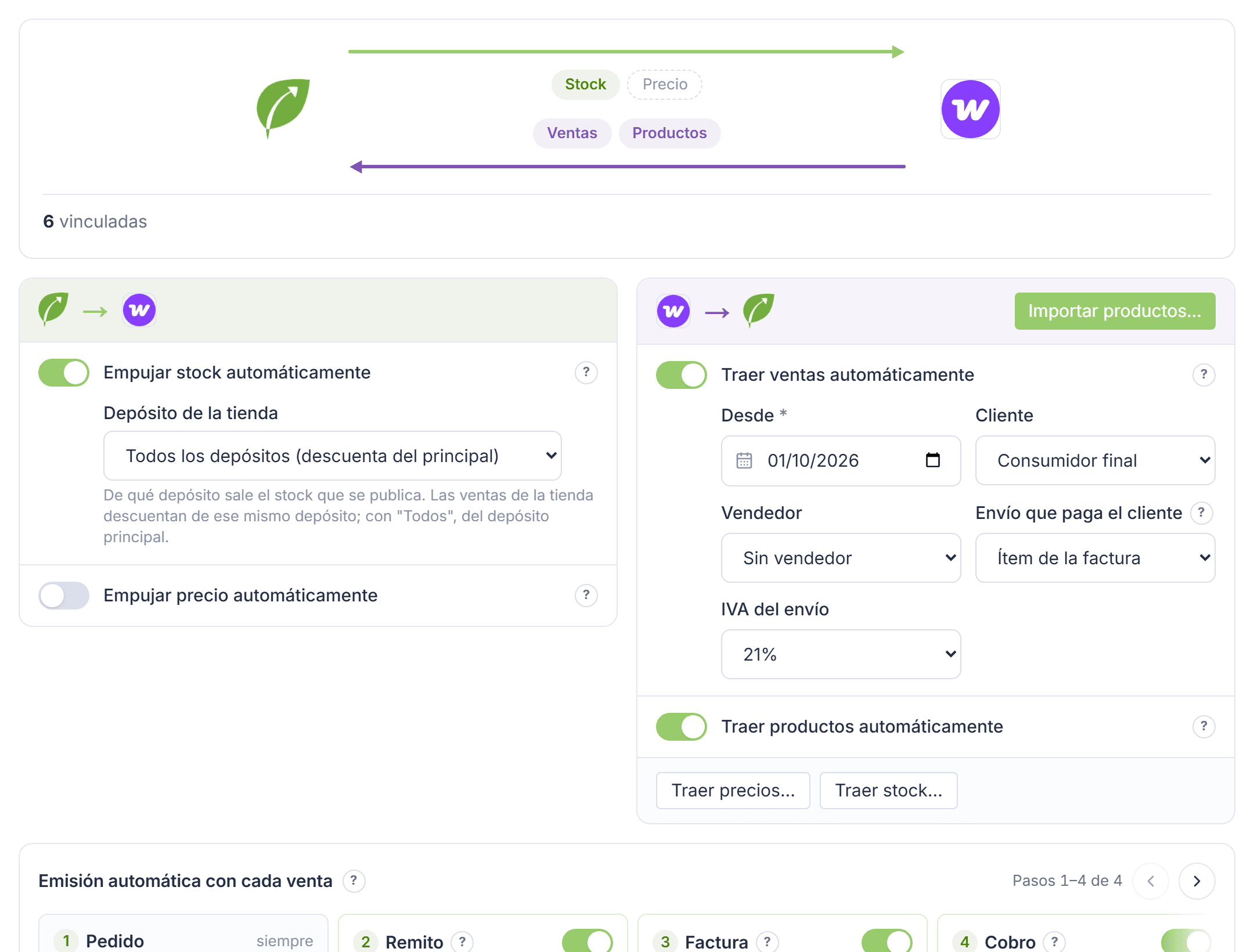 Panel de WooCommerce en Tilo: qué viaja en cada sentido, sus ajustes y la emisión automática