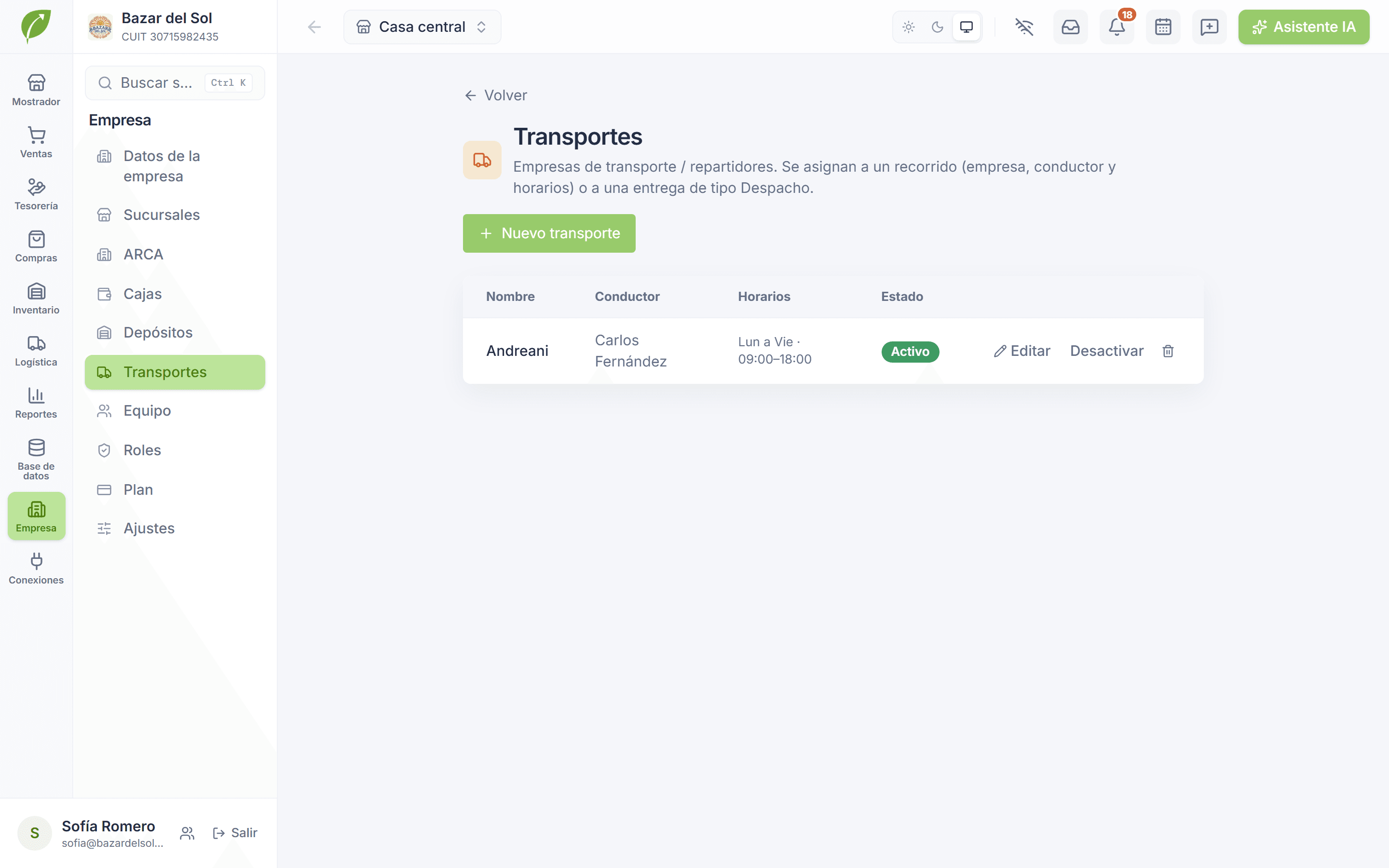 Catálogo de transportes con nombre, conductor, horarios de lunes a viernes y estado activo