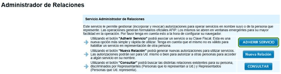 Administrador de Relaciones con los botones Adherir Servicio, Nueva Relación y Consultar