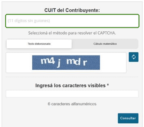 Consulta pública de constancia de inscripción con el campo CUIT y el control de seguridad