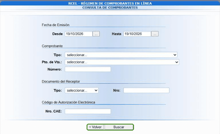 Consulta de comprobantes con los filtros de fecha, comprobante, documento del receptor y CAE