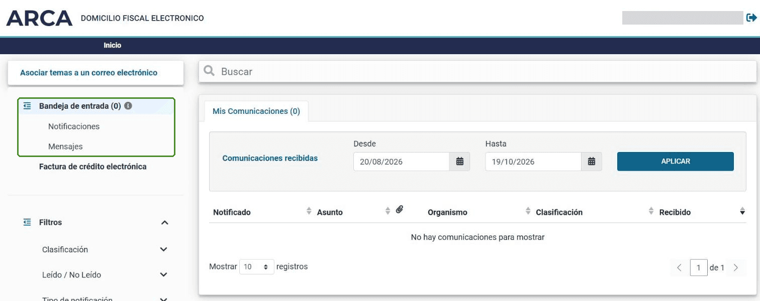 Domicilio Fiscal Electrónico con la bandeja de entrada, notificaciones y mensajes resaltados