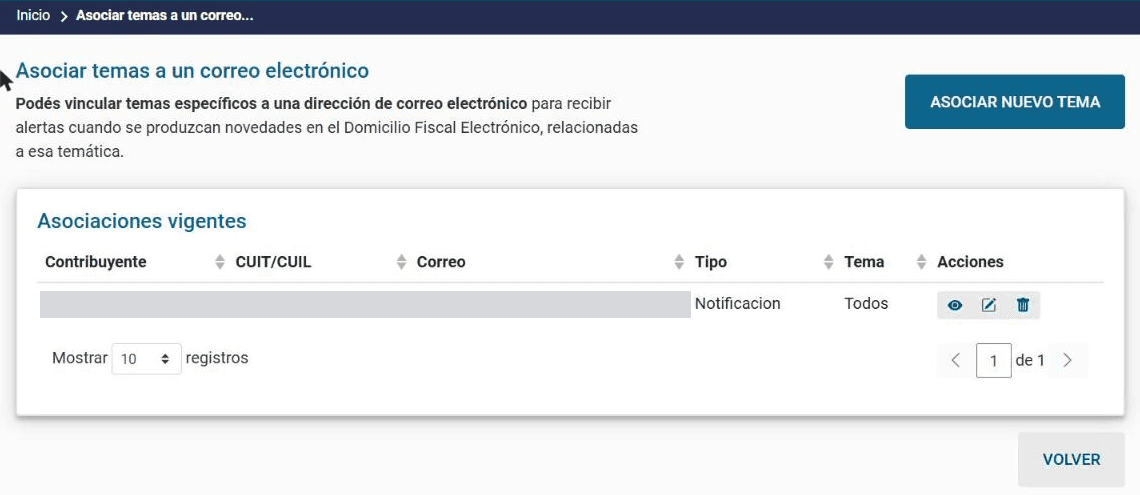 Asociar temas a un correo electrónico, con el botón Asociar nuevo tema